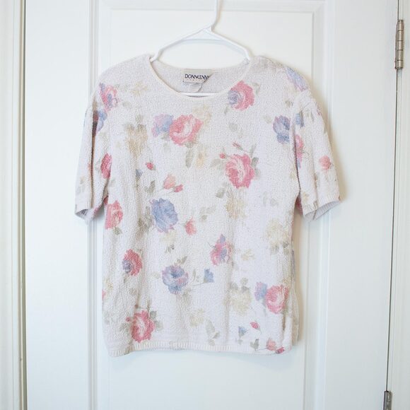 Ditsy Pastel Floral Knit Sweater Donnkenny Short Sleeve Stretch S | Light Summer - Picture 1 of 9